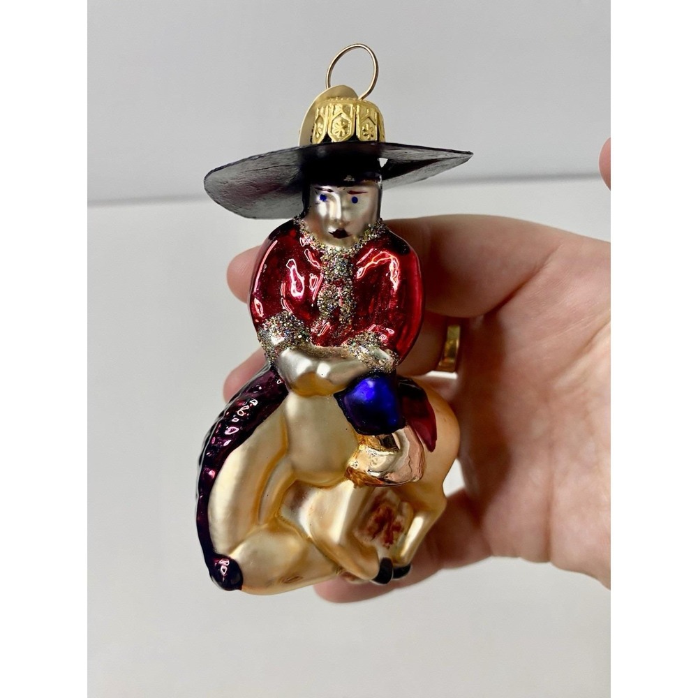 Eurovue Blown Glass Ornament Made In Poland Man Riding Bronco Horse Rodeo READ